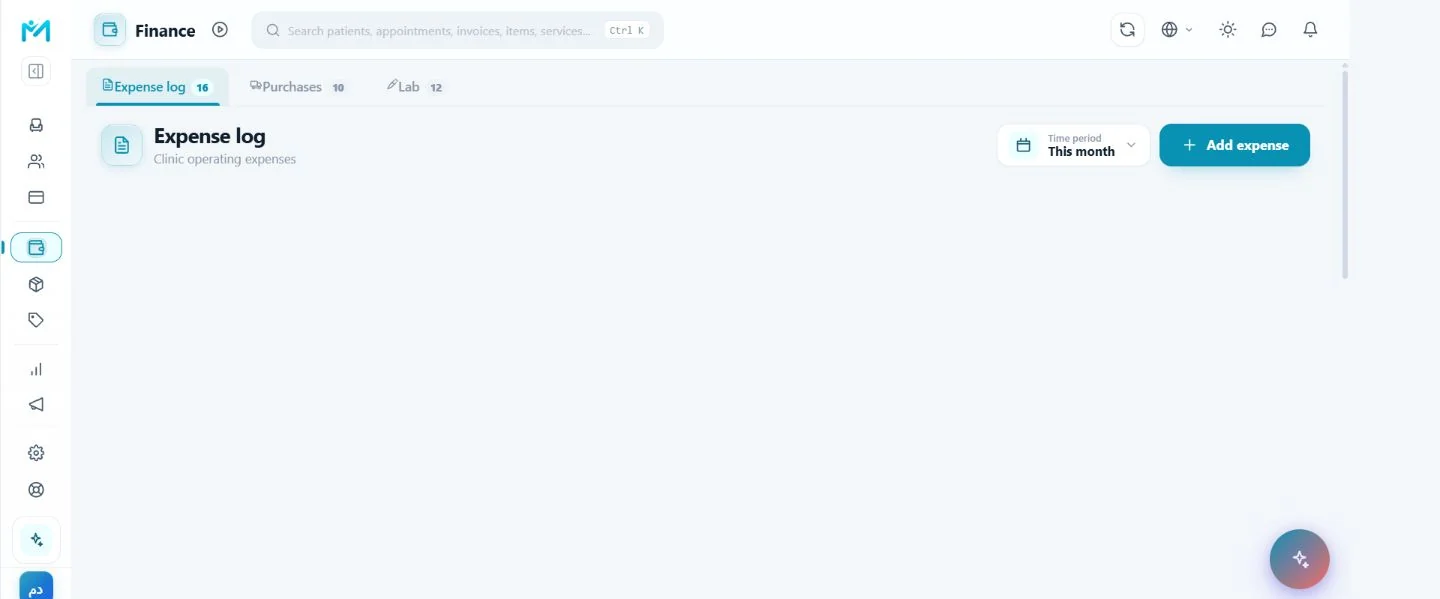 The finance screen in Modirify showing revenue and expenses